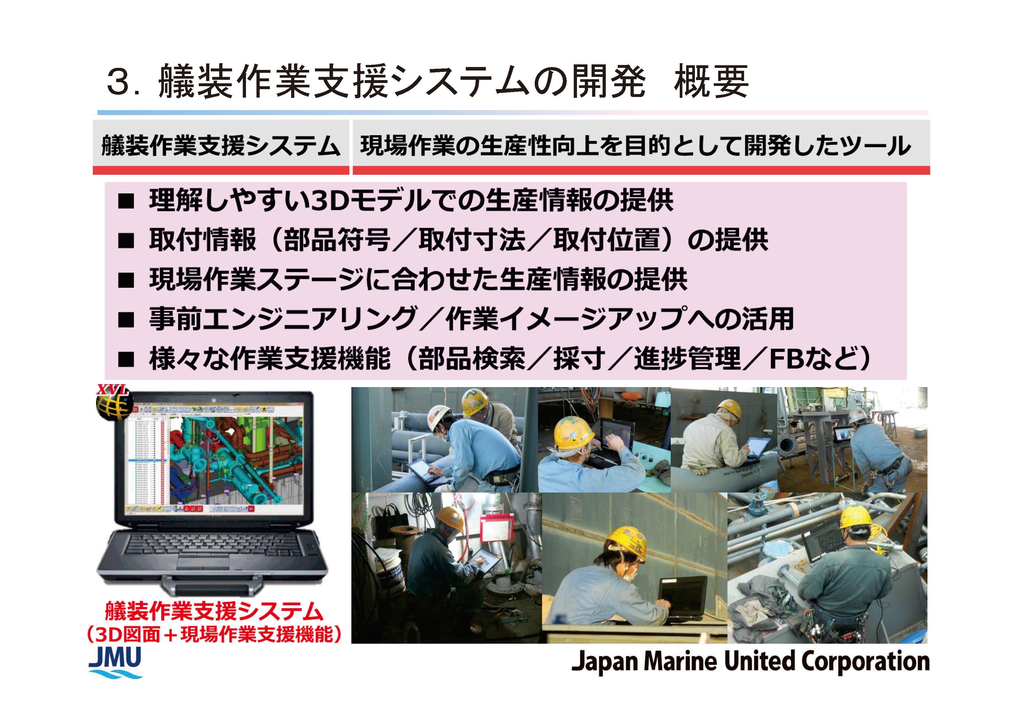 ジャパン マリンユナイテッド株式会社 「造船ものづくりプロセスの変革 ～ 3D モデルを活用した生産支援システムの構築 ～」（図1、艤装作業支援システムの開発 概要）